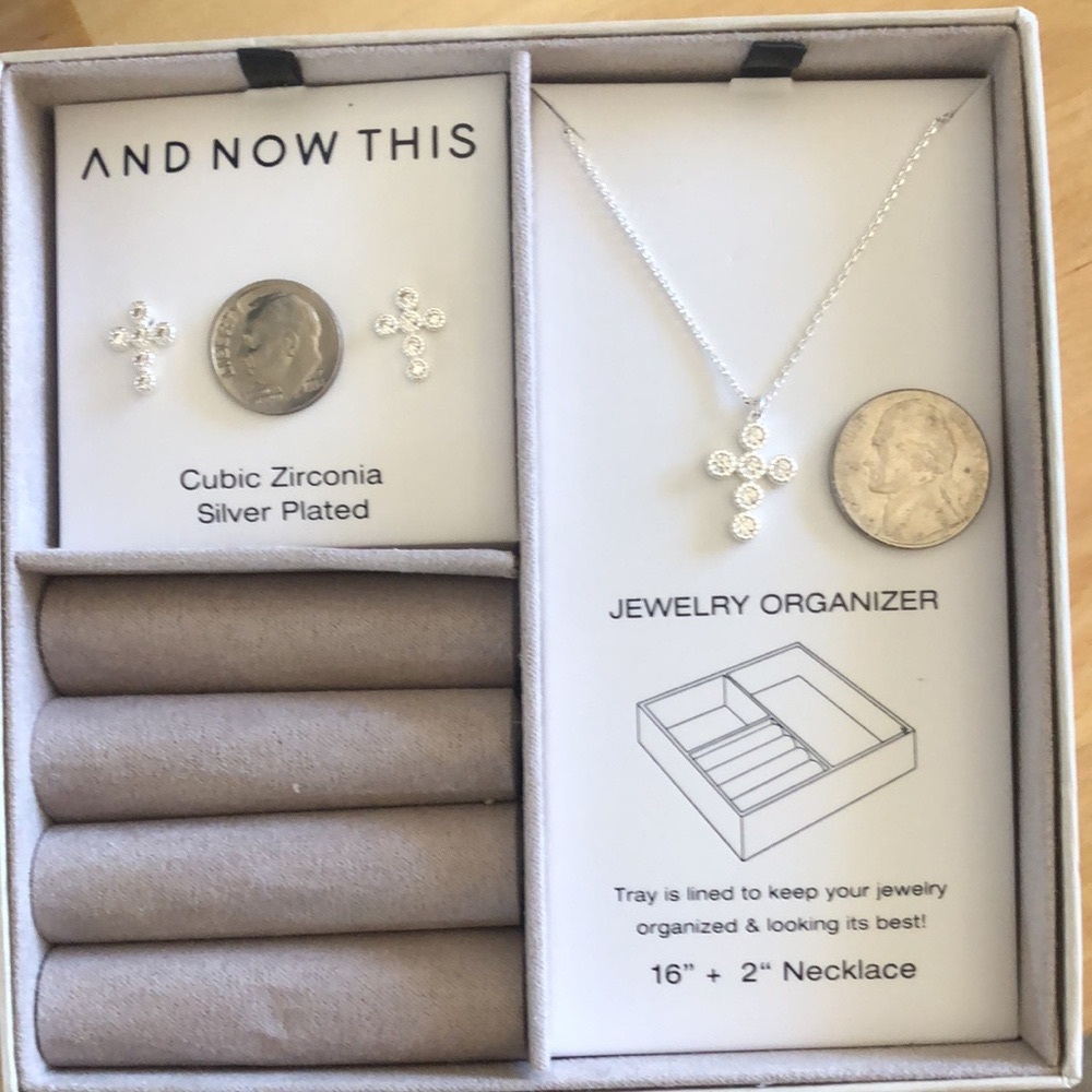 NECKLACE AND EARRINGS SILVER PLATED CUBIC ZIRCONIA WITH JEWELRY ORGANIZER